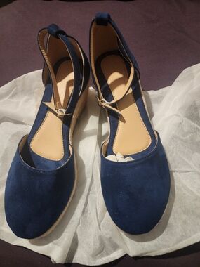 Women's Navy Blue Espadrille Wedge Ankle-Strap Flats